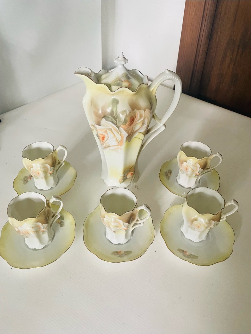 Hand-Painted Porcelain Coffee Set in Pale Yellow and Cream